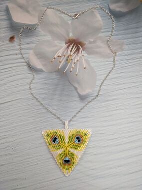 Yellow Beaded Triangle Pendant Necklace with Silver Chain